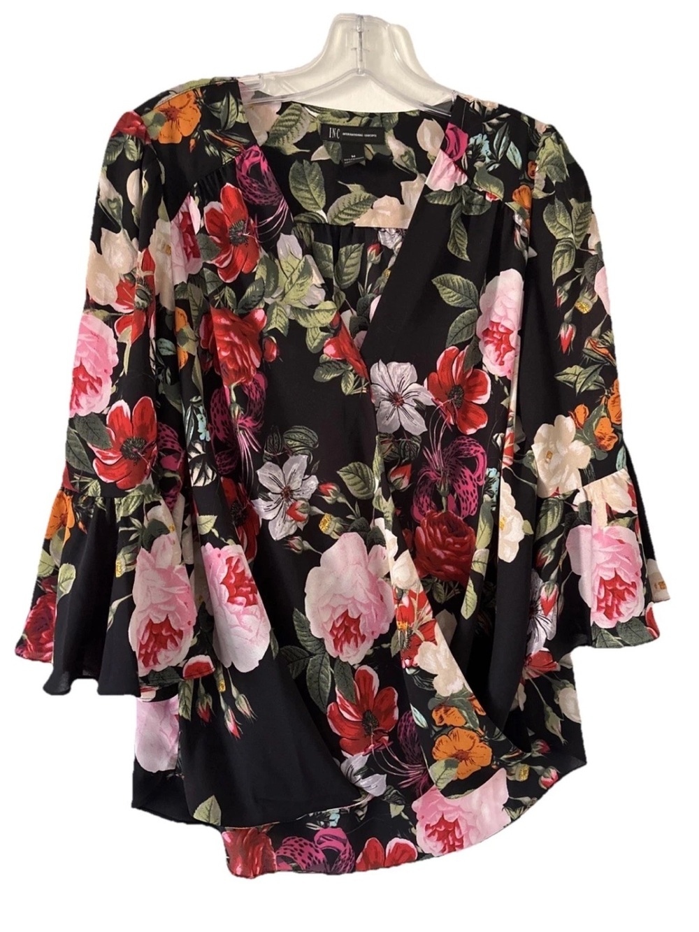 INC International Concepts Black Floral Wrap Blouse with Pink & Red Blooms